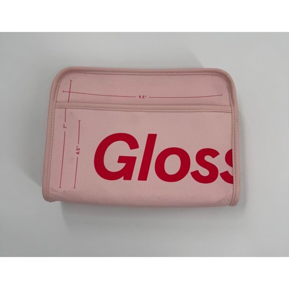 Glossier Pink Canvas Makeup Bag With Red Zipper & Measurements Printed On Exteri - Picture 1 of 10